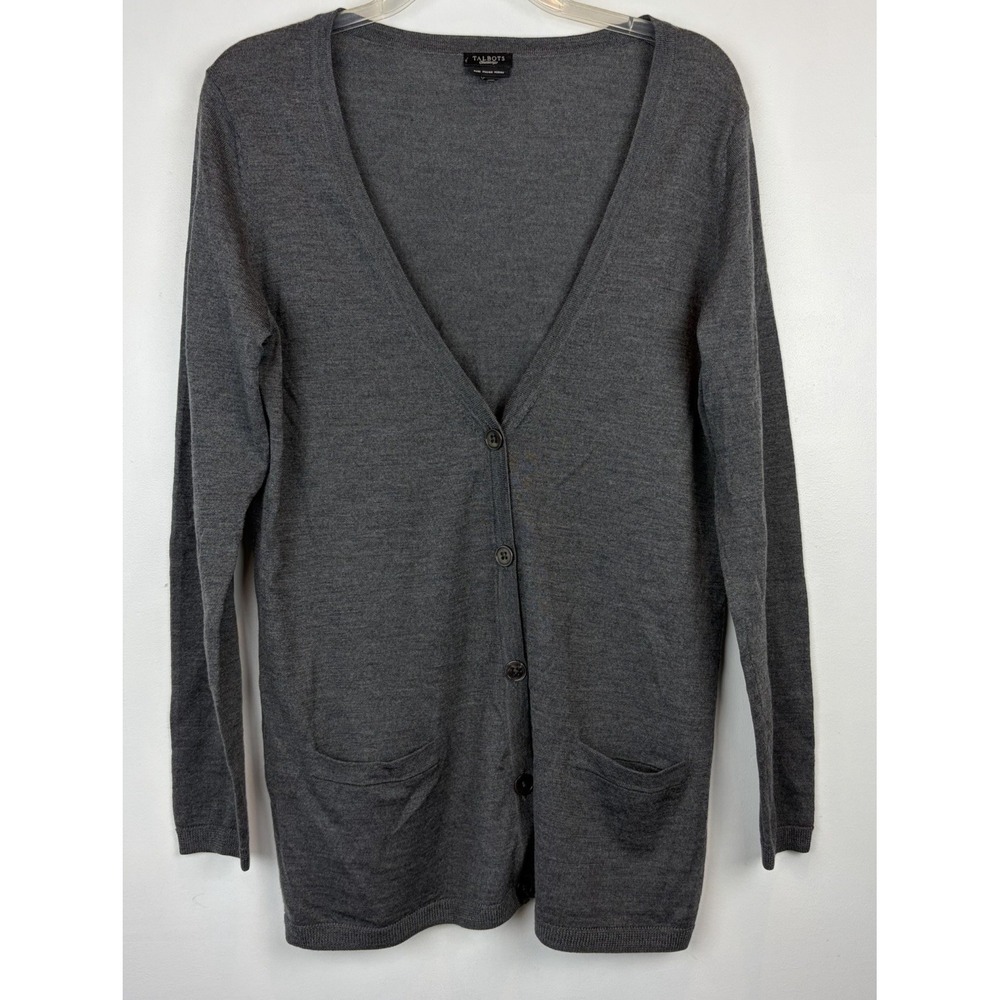 Talbots Pure Italian Merino Wool Cardigan Sweater Women Medium Gray Button Layer